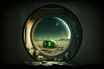 Grungy cabin of a spaceship with a view of a lone green window. Generative AI