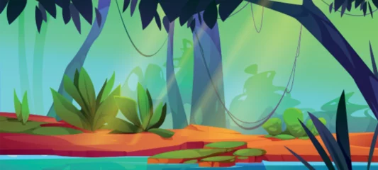 Zelfklevend Fotobehang Cartoon jungle landscape with river. Vector illustration of tropical forest landscape with green bushes, grass, liana vines hanging on trees, blue lake water surface. Rainforest adventure background © klyaksun
