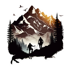 Mountains adventures t-shirt design vector illustration, isolated in white background.