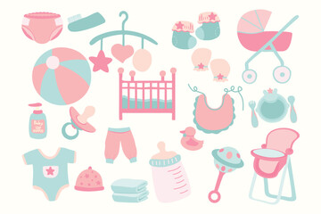 Set of Baby Equipment Cute Hand Drawn Illustration