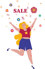 Obraz na płótnie Canvas Girl jump with flowers and word sale
