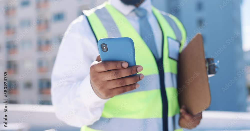 Poster engineer, construction and hands typing on phone outdoor for communication and 5g connection. engine