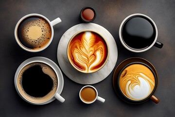 hot coffee cup collection, cappuccino, espresso, black coffee, and hot tea in top view on marble table. Generative AI
