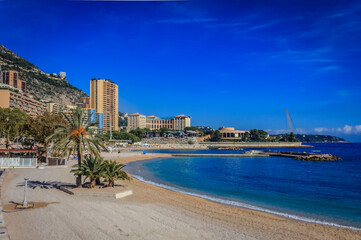 Mediterranean coastline on Larvotto Beach in Monte Carlo Principality of Monaco