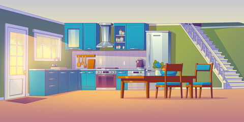 Contemporary home kitchen interior design. Vector cartoon illustration of dining room with furniture and equipment, refrigerator, electric oven, kettle, sink, table and chairs, stairs to second floor - obrazy, fototapety, plakaty