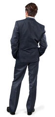 Back view of young business man on white background