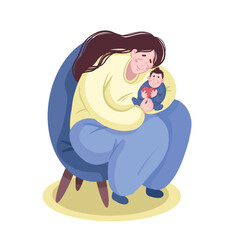 A happy young mother holds her baby in her arms. Motherhood and child care. Vector flat illustration.