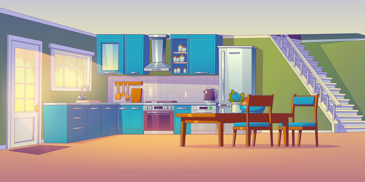 Contemporary home kitchen interior design. Vector cartoon illustration of dining room with furniture and equipment, refrigerator, electric oven, kettle, sink, table and chairs, stairs to second floor
