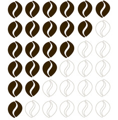 Coffee bean chart icon strength set six buttons in a row isolated on white background. Caffeine level coffee beans - infographic elements. Vector flat, simple, line design illustration of a drink.