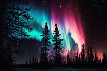 Colorful northern light illustration. Neon aurora borealis. Bright neon polar lights scenery. Generative AI