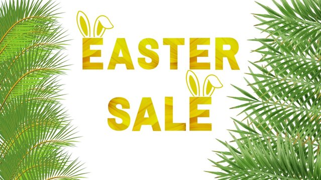 Easter Sale with Easter Bunny Ears and Palm Leaf.
Easter promotional photo featuring green palm leaves yellow bunny ears and the words Easter Sale written in bright yellow.
