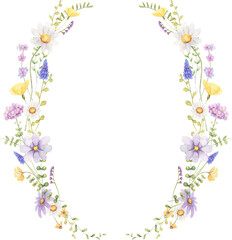 Wildlflower wreath watercolor illustration. Spring, summer floral frame. 