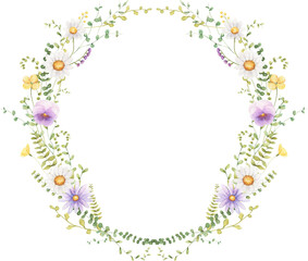 Wildlflower wreath watercolor illustration. Spring, summer floral frame. 