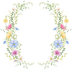 Obraz na płótnie Canvas Wildlflower wreath watercolor illustration. Spring, summer floral frame. 