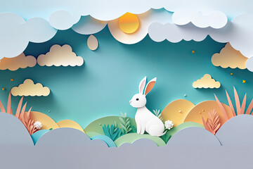 paper cut easter festival with rabbit, copy space for text, easter greeting with bunny, easter banner