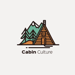 Camping logo design template, log cabin with mountains, vector illustration