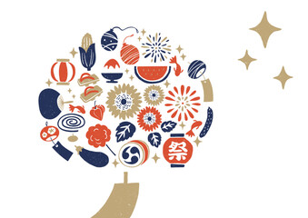 ８月の行事がいっぱい詰まったイラスト素材　夏のイベントの可愛いアイコン　暑中見舞い　残暑　花火　祭り　レトロ　風鈴　お盆