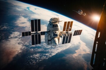 Astronauts and the International Space Station are in orbit above the planet Earth. This image's components were provided by NASA. Generative AI