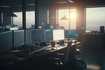 Modern office interior with computers and city view. Generative AI