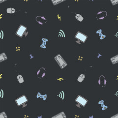 Seamless gaming pattern. Background with gamepad,monitor, keyboard, computer mouse, headphones © eliyashevskiy