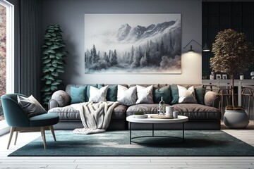 Modern living room interior with cozy sofa and soft carpet. Generative AI