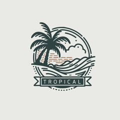 Tropical beach logo design template. Vector illustration. Vintage typography badge.Beach logo template. Palm tree and waves. Vector illustration.