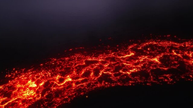 Glowing hot red lava burning land in National park Kilauea on Mauna Loa volcano. Cinematic magnificent lava river at active volcano eruption. Epic aerial top view magma lava river flow at dark night