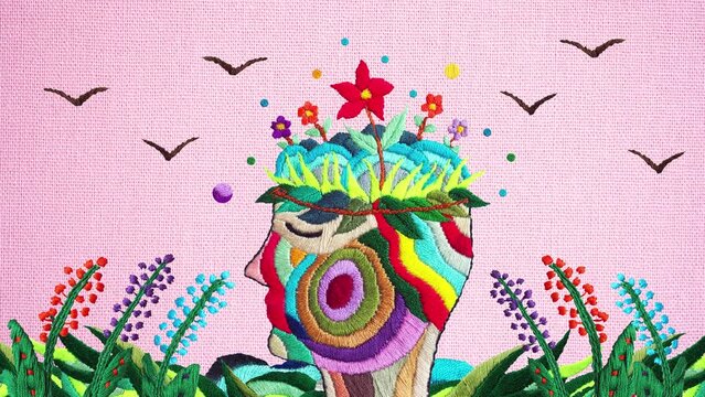 human flower head grow bloom blossom nature mind mental health spiritual imagine inspiring meditation healing art illustration hand embroidery fantasy digital collage stop motion ultra hd 4k animation