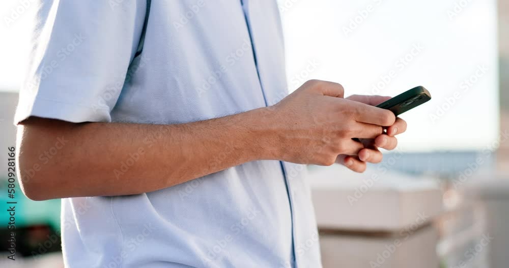 Poster phone, hands typing or rooftop person check email, scroll on ui or surfing internet, web or online s