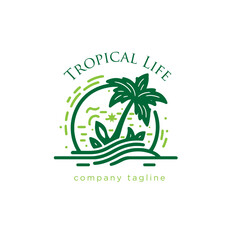 Obraz premium Tropical beach logo template. Palm tree, sea waves, sun and palm trees. Vector illustration.