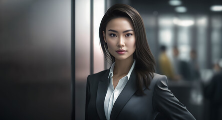 Smart working woman with a business suit is standing and posting in front of a blur office environment background created with generative AI technology