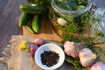 a set of ingredients for pickling cucumbers, pickled cucumbers, brine.