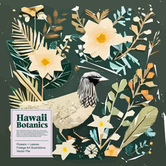 Vector illustration with hand drawn wild flowers and birds. Floral background.