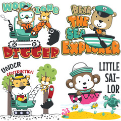 Fototapeta premium Set of cartoon kid animal activity. Tiger and bear the builder construction worker. Bear and monkey the sailor. Isolated objects on white background. Concept for children print.