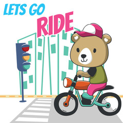 Vector illustration of cute little bear ride motorcycle. Creative vector childish background for fabric, textile, nursery wallpaper, poster, card, brochure. and other decoration.