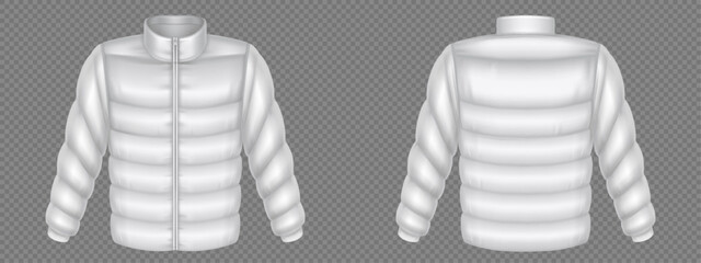 Puffer jacket, padded winter coat template. Men white apparel, outdoor wear with zipper in front and back view isolated on transparent background, vector realistic mockup © klyaksun