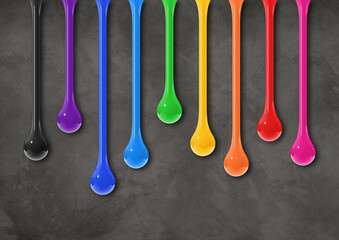 Colorful ink drops on dark concrete wall. Horizontal wallpaper