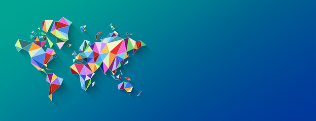 Fototapeta na wymiar World map shape made of colorful polygons. 3D illustration on a blue background. Horizontal banner