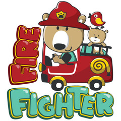 Vector illustration of funny lion firefighter on fire truck. Creative vector childish background for fabric, textile, nursery wallpaper, card, poster and other decoration