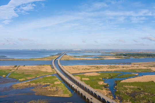 Aerial view of interstate 10 bridge on Mobile Bay in March 2023