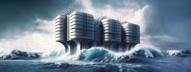Renewable Energy. Ocean wave power generator or tidal power energy facility, in rough waters. Creates  electricity from tidal energy. Future technology. Generative AI. - obrazy, fototapety, plakaty