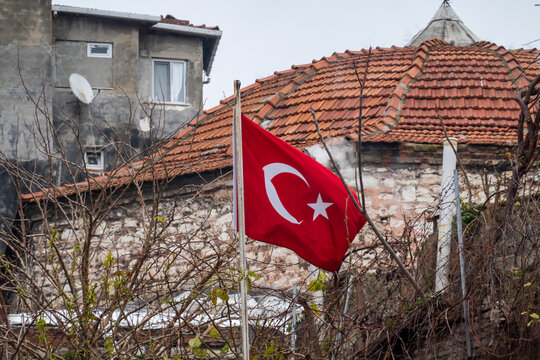 Turkish red flag hanging on pole