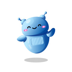 Cute robot with smile welcomes you. Symbol of artificial intelligence services. Cute robotic character. Chat bot communication assistant. Futuristic mascot