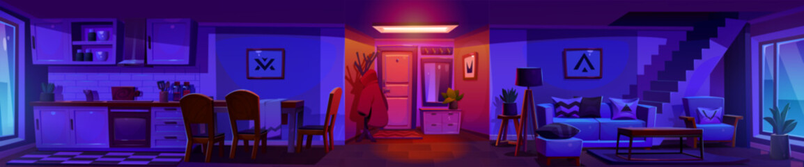 Panoramic view of scandinavian style apartment interior. Vector cartoon illustration of night hallway, living room and kitchen area with staircase, large windows, furniture and decor. Cozy home inside © klyaksun