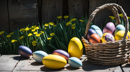 Easter Eggs In Basket On Aged Wooden Table In Spring Garden With Sunlight