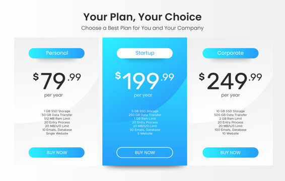 3 Plan Pricing Table Template Design, Gradient Blue Theme Illustration