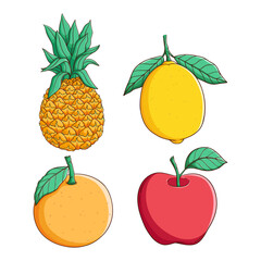 set of fresh pineapple fruit, apple, lemon and orange fruit
