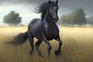 A powerful black horse in full stride was captured while running.  