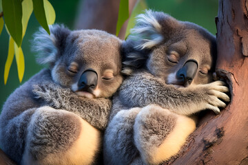 koalas sleeping in trees.  world sleeping day concept. 
