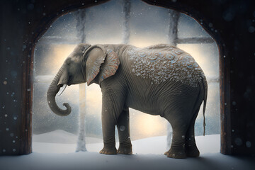 an elephant standing in front of a snow covered window.